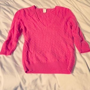 Hot pink 100% cashmere cable V-neck sweater